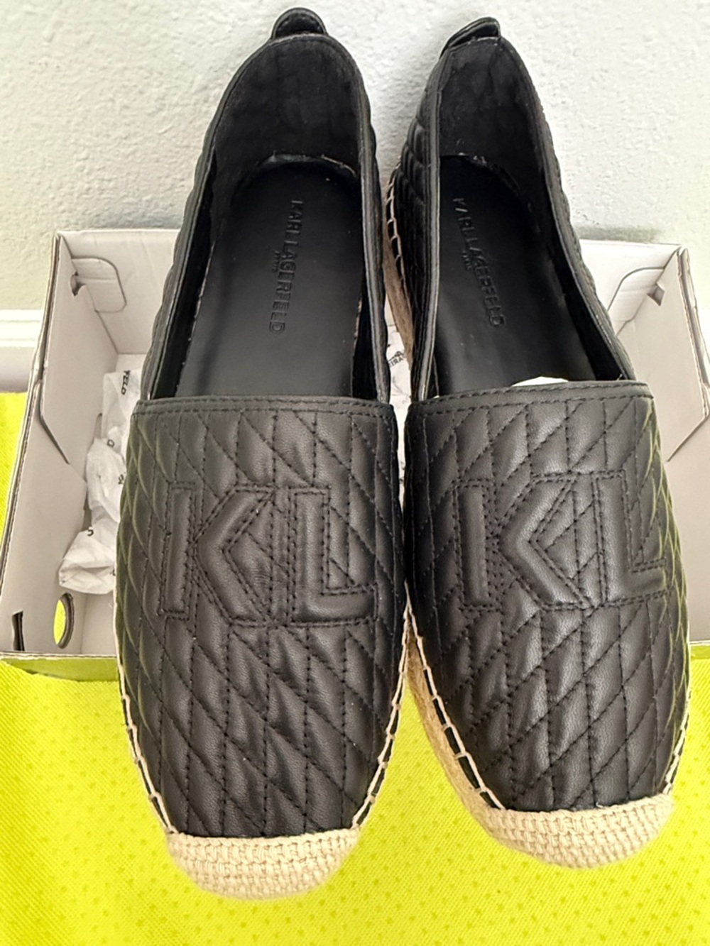 Karl Lagerfeld Black Quilted Espadrille Platform Slip-Ons